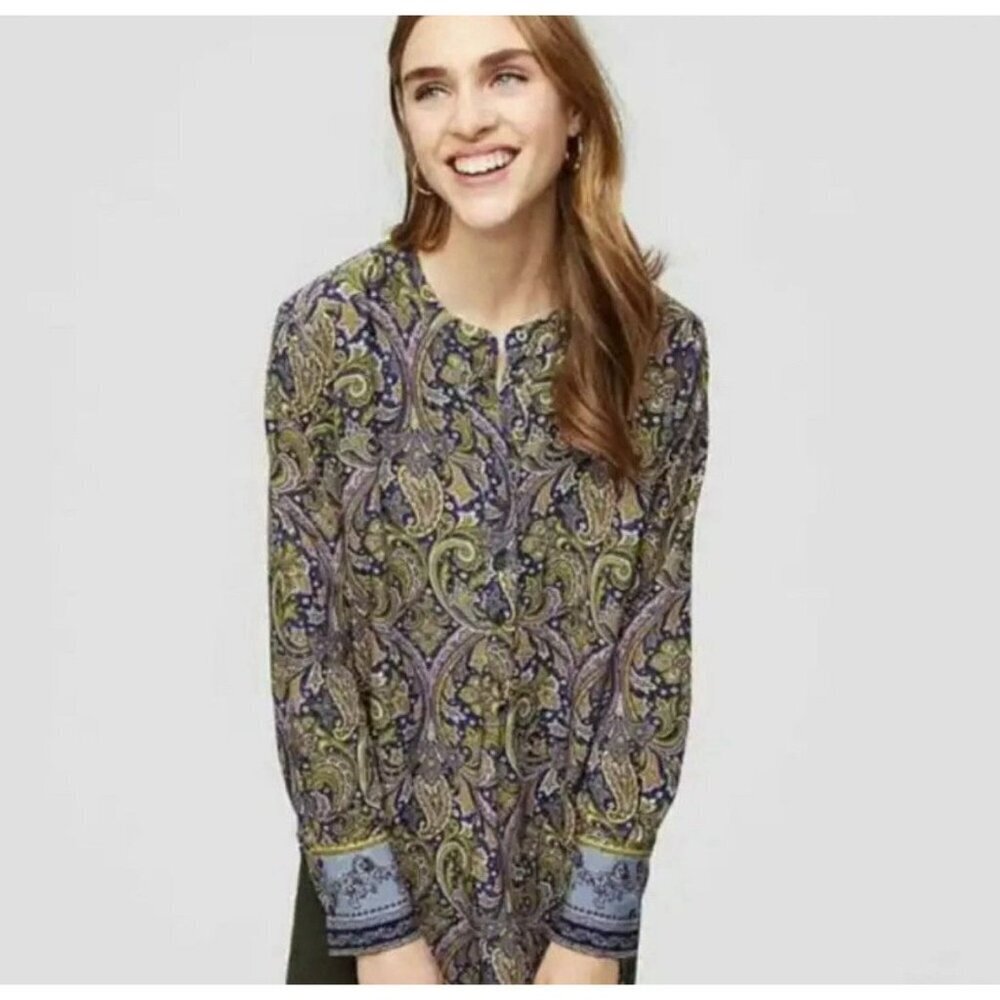 Loft Womens Blue Pink Yellow Border Paisley Henley Tunic Size Medium Womens